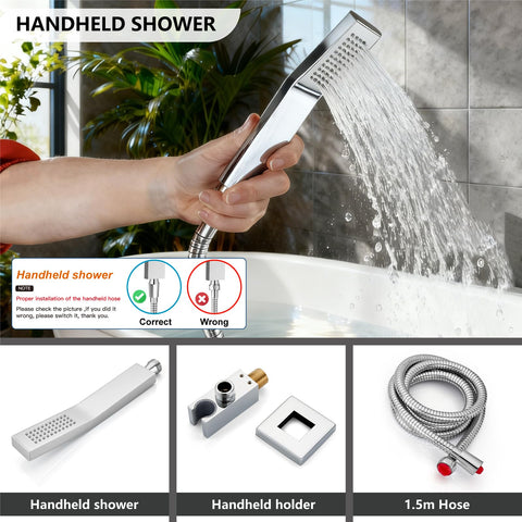 Handheld sprayer component of All Metal 3 In 1 Rain Shower System With Square Rainfall Head, Waterfall Shower, Wall Mounted Tub Faucet Set