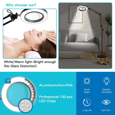 10X Magnifying Floor Lamp With Light And Stand 3 In 1 Hands Free Loupe For Estheticians, shown with bright LED lighting and adjustable stand.