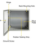 Open NEMA 4X Steel Enclosure For Electrical Gear, 16 By 16 By 6 Inches, IP66 Waterproof Junction Box showing mounting plate and parts.