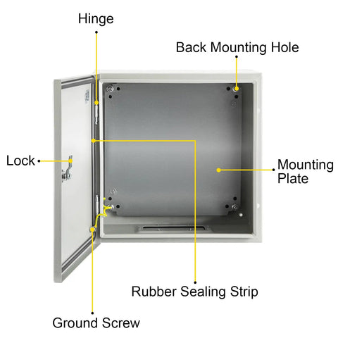 Open NEMA 4X Steel Enclosure For Electrical Gear, 16 By 16 By 6 Inches, IP66 Waterproof Junction Box showing mounting plate and parts.