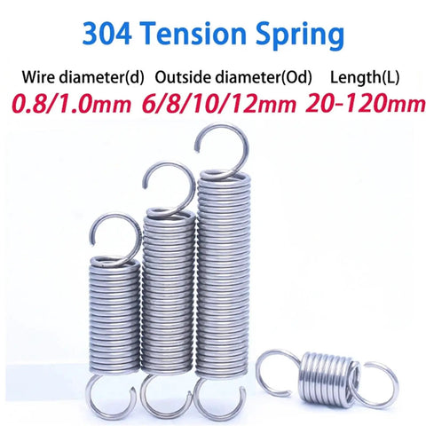 Stainless Steel Tension Springs With Hooks For Tool Accessories And DIY Projects 8mm Wire By 10 Pcs Set Including 20mm Extension Stretch Gears That Rock, showing multiple sizes.