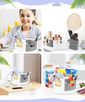 Slick Spin Art Supply Caddy For Kids With Seven Spacious Bins Holds Crayons Markers And Pencils Lazy Susan Base on a desk.