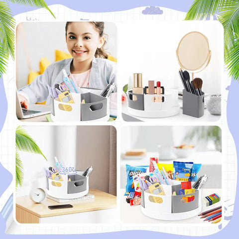 Slick Spin Art Supply Caddy For Kids With Seven Spacious Bins Holds Crayons Markers And Pencils Lazy Susan Base on a desk.