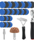 Heavy Duty Tire Repair Patch Kit 33 Piece Tool Set Includes Tungsten Buffing Wheel Roller and Scraper for quick fixes with patches and tools.