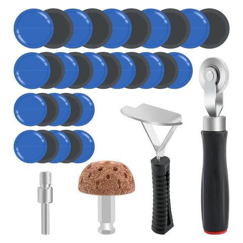 Heavy Duty Tire Repair Patch Kit 33 Piece Tool Set Includes Tungsten Buffing Wheel Roller and Scraper for quick fixes with patches and tools.
