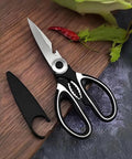 Rugged Kitchen Scissors For Everyday Cooking Ultra Sharp Stainless Steel Meat Shears For Spatchcocking Chicken Poultry Fish And Herbs Dishwasher Safe Multi Purpose Scissors With Ergonomic Comfort Grip And Built In Nutcracker Bottle Opener, stainless steel kitchen shears with black handle and blade cover
