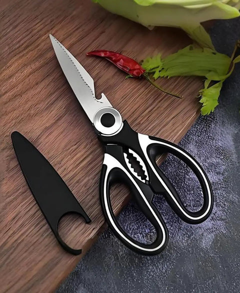 Rugged Kitchen Scissors For Everyday Cooking Ultra Sharp Stainless Steel Meat Shears For Spatchcocking Chicken Poultry Fish And Herbs Dishwasher Safe Multi Purpose Scissors With Ergonomic Comfort Grip And Built In Nutcracker Bottle Opener, stainless steel kitchen shears with black handle and blade cover