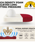 Diagram of Red U Shaped Dining Chair Cushions 4 Pack With Ties And Non Slip Backing, showing foam and spine support graphic.