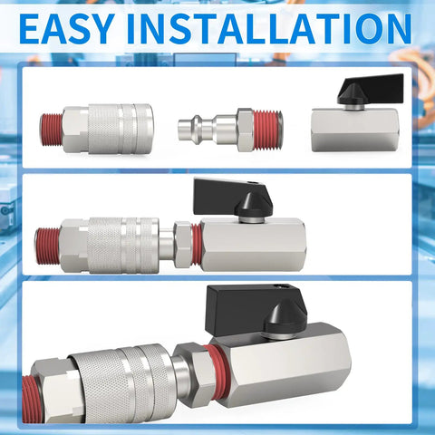 Heavy Duty Industrial Air Plug Set For Air Compressors One Quarter Inch Body Size Three Eighths Inch NPT Male Pneumatic Plugs Five Pack Beefy Hardened Steel With Nickel Plating Interchangeable With Most Quick Connects showing easy installation.