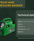 Portable HVAC Coil Cleaner Kit For Home And Pros, 120V 80W AC Washer Delivers Four Liters Per Minute At 0.7 To 1.0 MPa, Complete Set With Mini Pump, High Pressure Gun, Detachable Filter, Five Meter Inlet Hose, Sixteen Point Four Foot Outlet Hose green pump technical data display