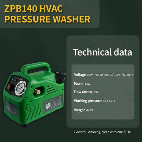 Portable HVAC Coil Cleaner Kit For Home And Pros, 120V 80W AC Washer Delivers Four Liters Per Minute At 0.7 To 1.0 MPa, Complete Set With Mini Pump, High Pressure Gun, Detachable Filter, Five Meter Inlet Hose, Sixteen Point Four Foot Outlet Hose green pump technical data display