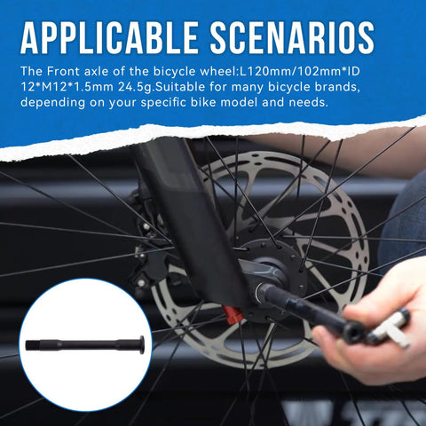 Installing Beefed Up Front Thru Axle For Road Bikes Choose 120mm Or 102mm Length 12mm Hub M12x1.5mm Thread Aluminum Alloy Lightweight 24.5g High Strength Front Axle Replacement For Stable Steering And Smooth Rides on a bicycle wheel.