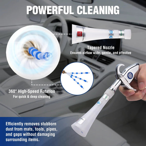 Tornado Nozzle Air Blow Gun with 360° rotation, powerful cleaning for car interiors, displaying tapered nozzle for effective airflow.