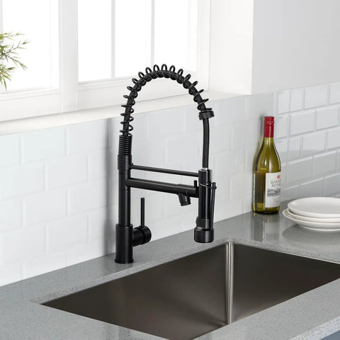 Kitchen Faucet with Pull Down Sprayer, Commercial Spring Single Handle Stainless Steel Sink Faucet, Two Function Spray Head, High Arc Single Hole Kitchen Faucet cUPC/NSF/NSF61 (Black) in modern kitchen setting.