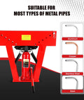 16 Ton Manual Hydraulic Pipe Bender With Eight Included Dies For Copper Tubing And Steel Piping, shown with hydraulic jack and bendable pipes.