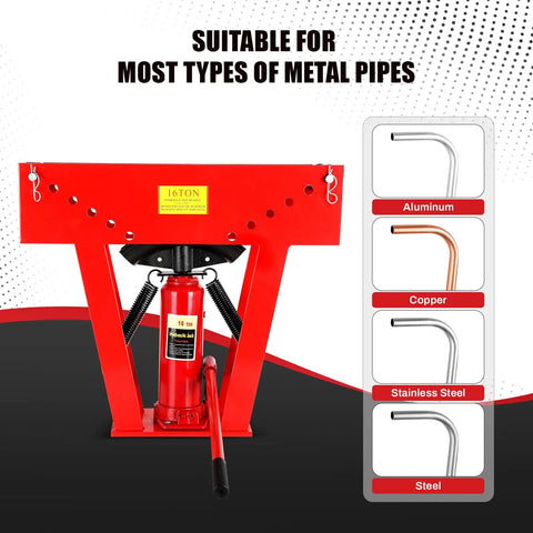 16 Ton Manual Hydraulic Pipe Bender With Eight Included Dies For Copper Tubing And Steel Piping, shown with hydraulic jack and bendable pipes.