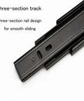 Three-stage drawer slide track for smooth operation, part of One Pair Three Stage Drawer Slides Cold Rolled Steel Built Tough As Nails Heavy Duty Closet Glides.