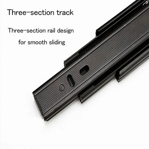 Three-stage drawer slide track for smooth operation, part of One Pair Three Stage Drawer Slides Cold Rolled Steel Built Tough As Nails Heavy Duty Closet Glides.