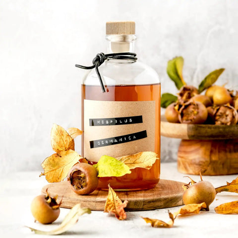 Glass bottle with a wooden cork surrounded by medlar fruit and autumn leaves, focus on 60 Pieces T Shaped Wine Corks Reusable Cork Plugs.