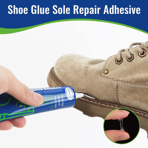 Applying Slow Dry Shoe Glue For Sole Repair Pro Grade Waterproof Clear Adhesive to brown boot sole, 60ml tube shown.