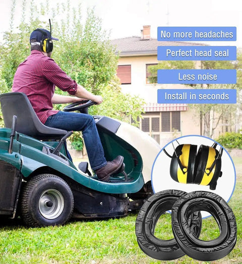 Gel Ear Pads Upgraded For 3M PELTOR Headsets With Softer Cushions And A Snug Seal shown with person using lawn mower