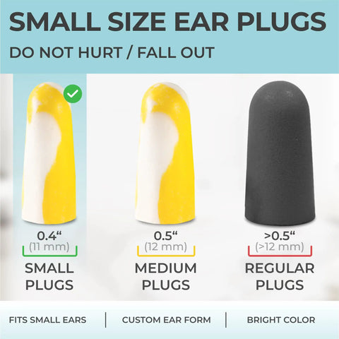 Small Ear Canal Sleep Ear Plugs, 40 Pack Noise Cancelling Ear Plugs, 32 dB Sound Blocking, size comparison with medium and regular plugs