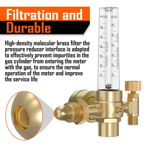 Front view brass welding gas regulator with vertical flow meter gauge for Argon/CO2 and CGA580 inlet.
