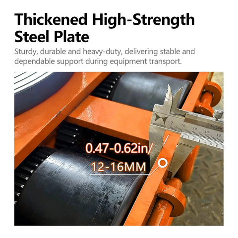 Heavy Duty 50 Ton Electric Machinery Mover Skate With Remote Control Moves Massive Loads Smoothly, showing steel plate and measurement.