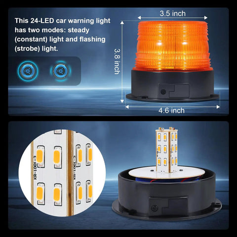 Magnetic Wireless Beacon Light With Rechargeable Battery, Emergency Strobe For Trucks And Vehicles, 12-24V Cigarette Lighter Plug, Amber Warning Light, No Hassle Mounting, Quick Setup And Flexible Placement showing LED components and dimensions.