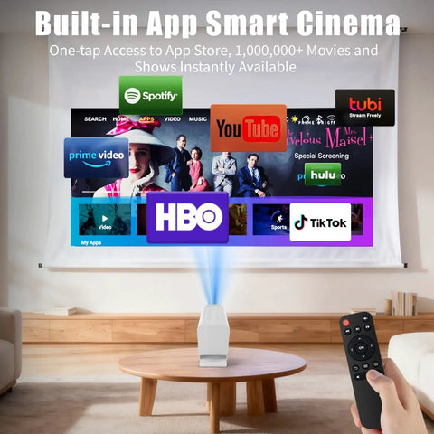 Home setup with 4K Supported Mini Projector With WiFi And Bluetooth For Home Theater And On The Go projecting apps on screen