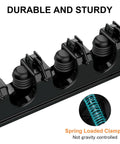Close-up view of a black wall mount with spring-loaded clamps, part of the Broom And Mop Organizer Wall Mount 2 Pack With 5 Ball Slots And 6 Hooks Black Space Saver Cleaning Tools Organizer For Kitchen Garage Laundry Room Keeps Your Space Clean And Tidy.