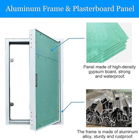 Rock Solid Paintable Aluminum Drywall Access Panel Door showing aluminum frame and plasterboard panel construction details.