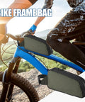 Frame Storage Pouch For Cycling Top Tube Bag And Bikepacking Gear on blue bike, green zippered bag for essentials.