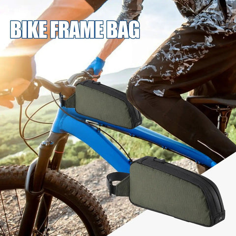 Frame Storage Pouch For Cycling Top Tube Bag And Bikepacking Gear on blue bike, green zippered bag for essentials.