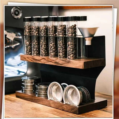 Top Shelf Daily Grind Coffee Bean Storage, 12 Airtight Polycarbonate Tubes in a stylish two-tier rack with measuring hopper.