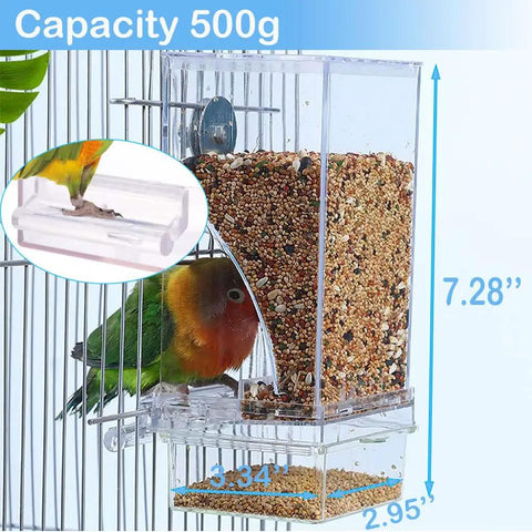 Total Game Changer For Pet Parents Seeking Spill Proof Auto Bird Feeder Cage Dish Made From Heavy Duty Clear Acrylic with a cockatiel