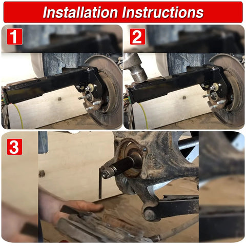 Installation guide for Universal Wheel Bearing Hub Removal Tool for all axle bolt hubs 5 lug 6 lug and 8 lug, shows step-by-step process.