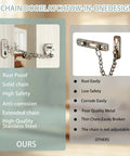 Comparison of two door chain locks, left with heart shaped door chain lock with press to unlock adjustable 3mm chain kid proof security for home apartment bedroom and travel stainless steel brushed nickel finish, right with inferior rusted chain without adjustable features.