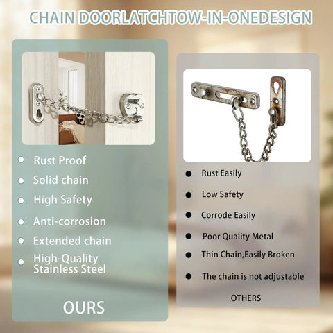 Comparison of two door chain locks, left with heart shaped door chain lock with press to unlock adjustable 3mm chain kid proof security for home apartment bedroom and travel stainless steel brushed nickel finish, right with inferior rusted chain without adjustable features.
