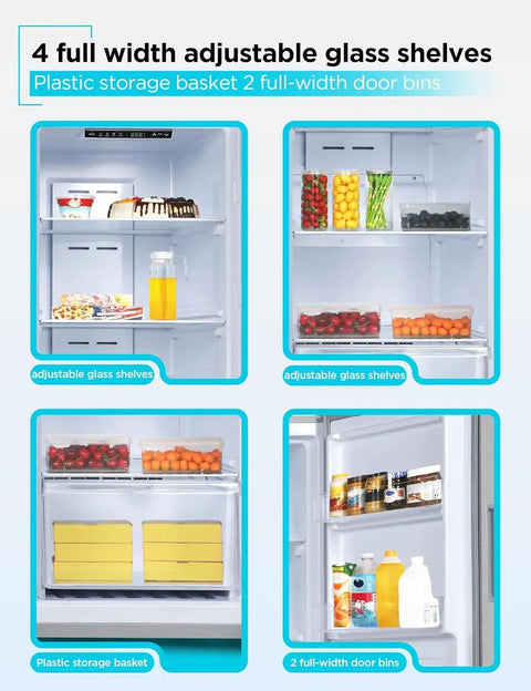 Interior view of 11 Cubic Foot Heavy Duty Workhorse Convertible Freezer And Refrigerator Standup Fridge With Glass Shelves showcasing adjustable glass shelves and storage bins.