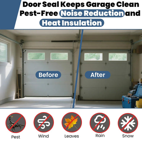 Garage door bottom seal replacement; before/after split view; vinyl weather stripping for Wayne Dalton 8000/9000 doors