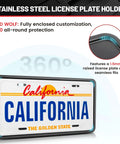 Stainless Steel License Plate Frame Holder No Obstruction For 6x12 Inch Car Tags Fits SUV Truck Trailer Front Or Rear Bumper With Screw Accessories Built Tough Bracket displaying front view.