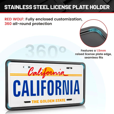 Stainless Steel License Plate Frame Holder No Obstruction For 6x12 Inch Car Tags Fits SUV Truck Trailer Front Or Rear Bumper With Screw Accessories Built Tough Bracket displaying front view.