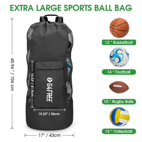 Extra Large Mesh Ball Bag for Soccer, Basketball, Volleyball, Football, Holds 12 Basketballs, Heavy Duty Zipper Pocket, Black