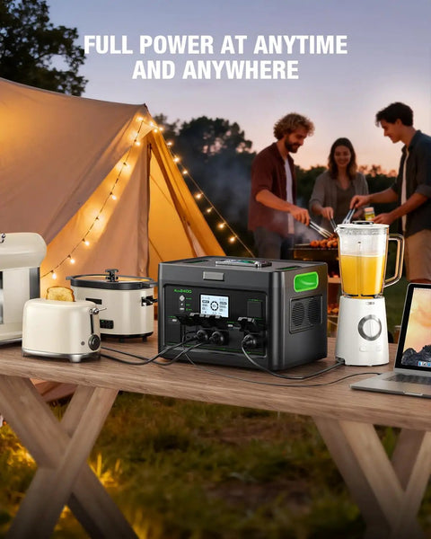 Hella Reliable 2400W Portable Power Station With 200W Foldable Solar Panel and Lightning Fast Ups Switching to Keep Your Whole House Alive And Running Smooth During Grid Down, powering kitchen appliances at campsite.