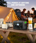 Workhorse 2400W Portable Power Station paired with two 200W solar panels, powering kitchen appliances outdoors.