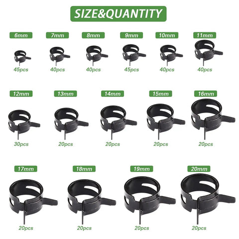 15 Size Assortment 6mm To 20mm, 400Pcs Spring Band Hose Clamps Kit with Size and Quantity Display, Built Tough with 65Mn Steel.