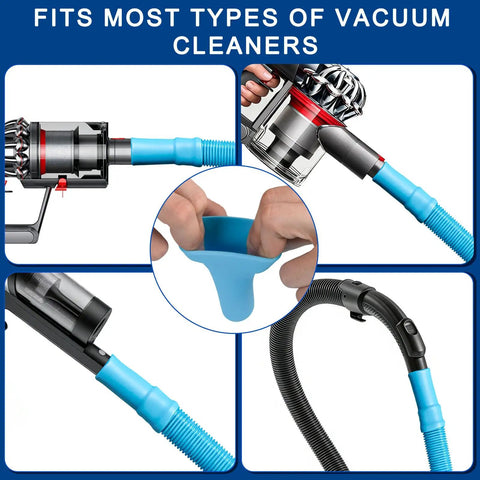 Collage showing Pro Grade Dryer Vent Cleaning Kit with Flexible Hose and Vacuum Adapter, close-ups of attachment sections.