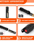 Battery-operated portable siphon pump with 47-inch hose; uses 6 AA or 2 D batteries; on/off switch.