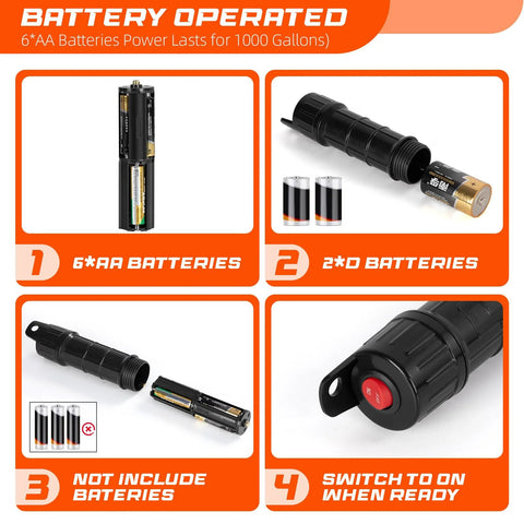 Battery-operated portable siphon pump with 47-inch hose; uses 6 AA or 2 D batteries; on/off switch.